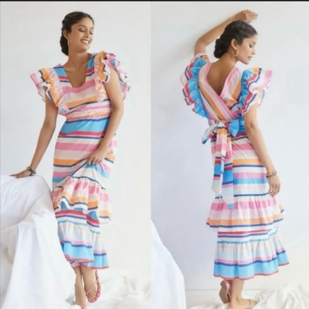 ANTHROPOLOGY Plenty byTracy Reese | Rainbow Stripe Ruffled Cotton Maxi Dress - M